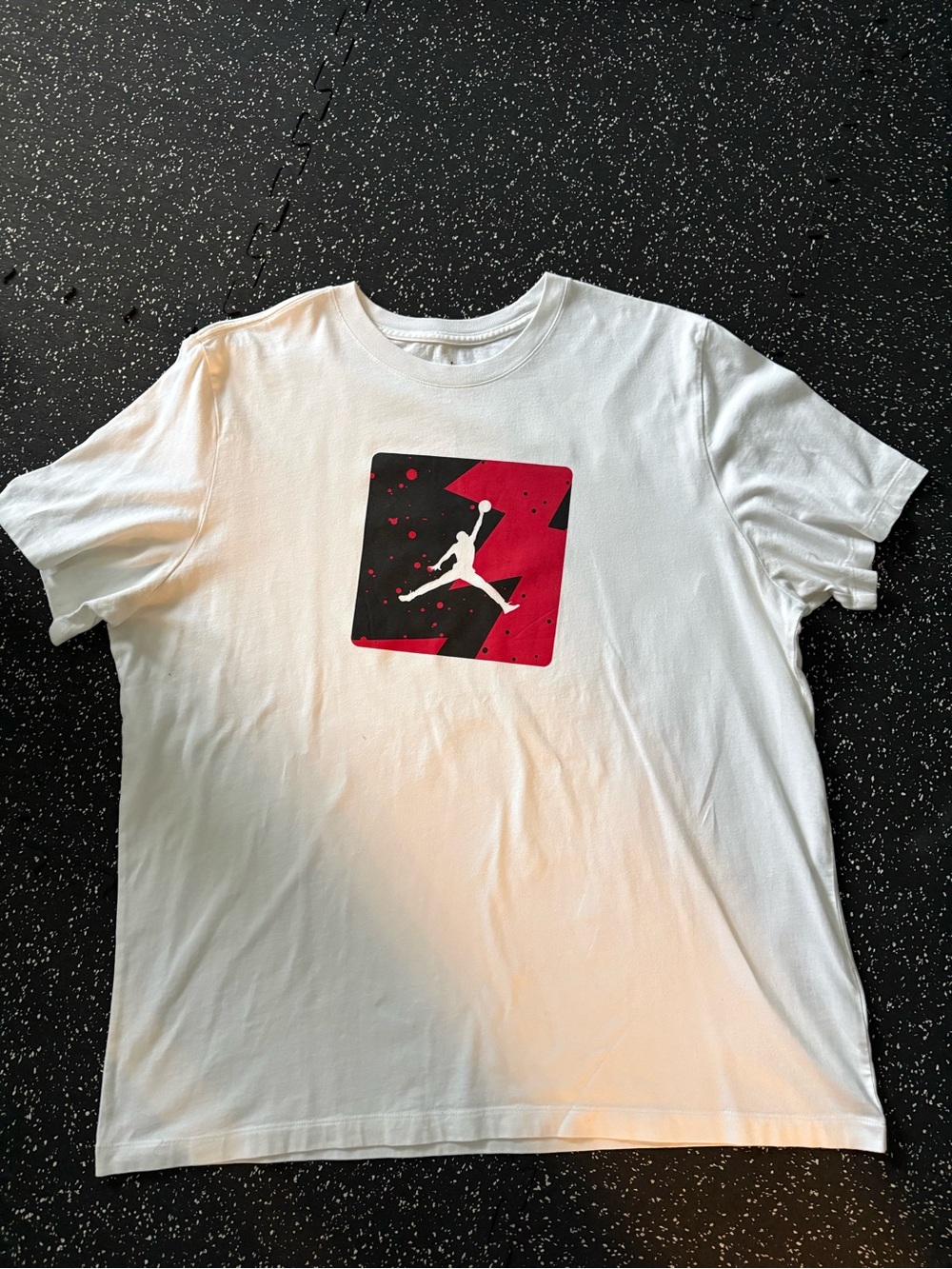 Jordan White Short Sleeve Tee with Red and Black Jumpman Graphic